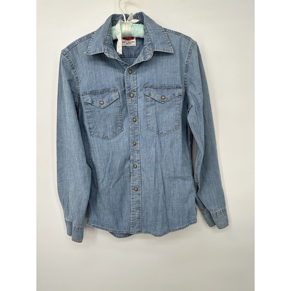 Men's Small Wrangler Indigo Snap‎ Long Sleeve Stretch Blue Denim Chambray Shirt